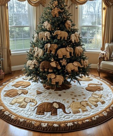 Gingerbread Elephant Parade Tree Skirt — Unique Handmade Christmas Tree Skirt With Playful Elephant & Gingerbread Parade Motif, Custom Fit