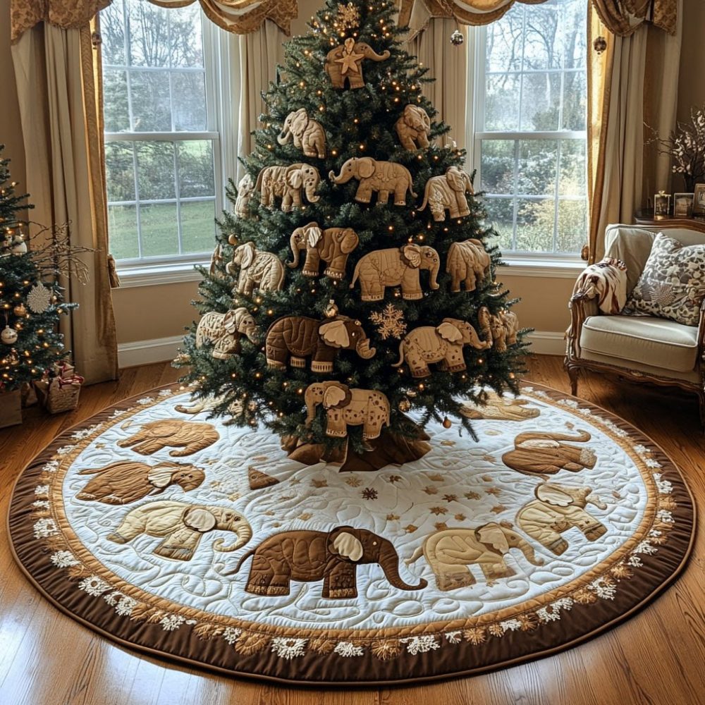 Gingerbread Elephant Parade Tree Skirt — Unique Handmade Christmas Tree Skirt With Playful Elephant & Gingerbread Parade Motif, Custom Fit