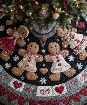 Gingerbread Family Circle Tree Skirt — Handcrafted Christmas Tree Skirt With Family Gingerbread Scene, Customizable & Heirloom Quality