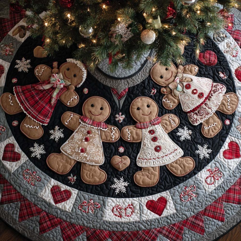 Gingerbread Family Circle Tree Skirt — Handcrafted Christmas Tree Skirt With Family Gingerbread Scene, Customizable & Heirloom Quality