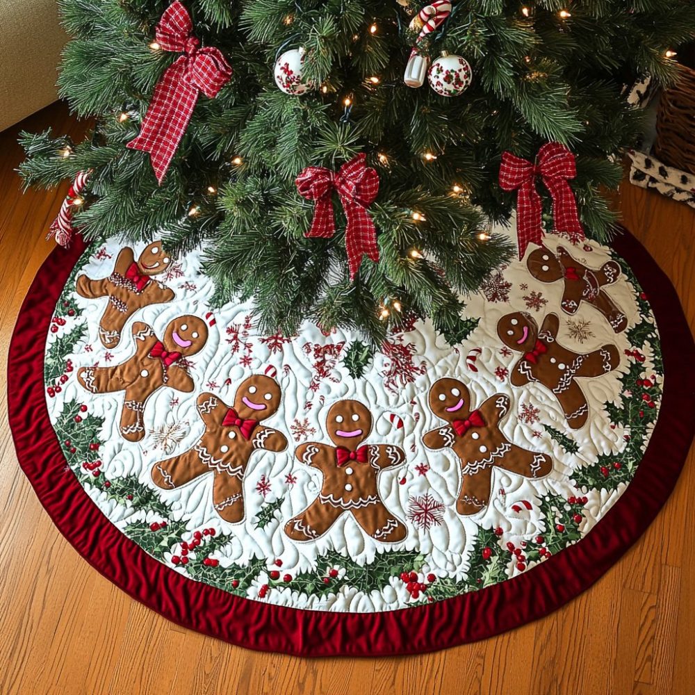 Ruby-Hem Gingerbread Row Christmas Tree Skirt — Custom Festive Skirt With Cheerful Gingerbread Motif, Holiday Family Favorite