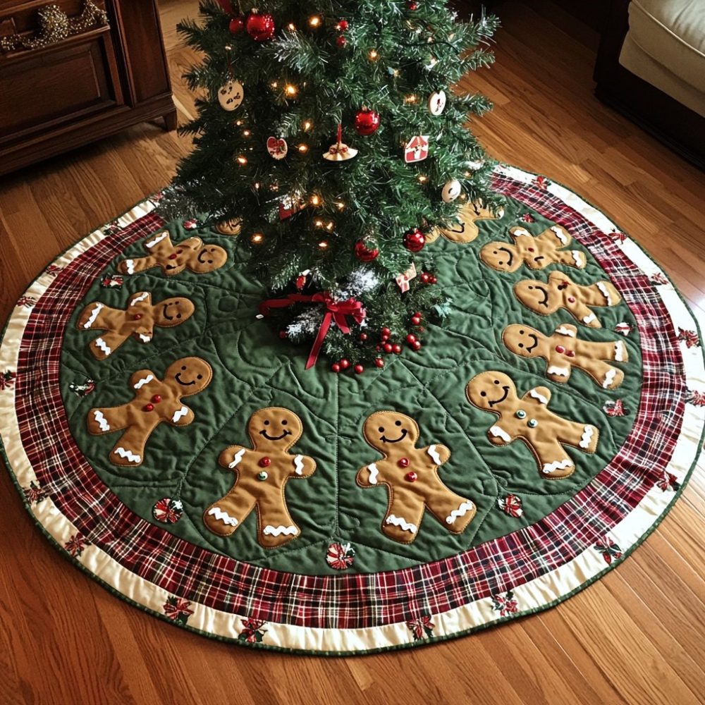 Plaid Rim Gingerbread Men Christmas Tree Skirt — Custom Handmade Holiday Skirt With Festive Cookies, Cozy Traditional Style
