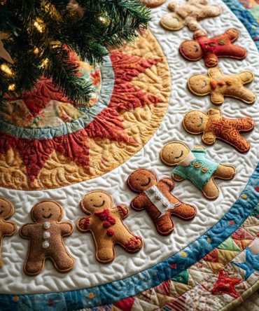 Gingerbread Man Candy Stripe Tree Skirt — Colorful Handmade Christmas Tree Skirt With Candy Stripe Border, Customizable Sizes