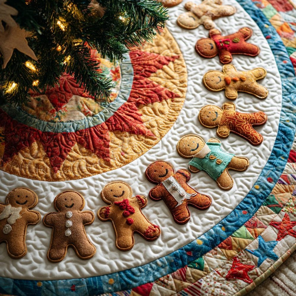 Gingerbread Man Candy Stripe Tree Skirt — Colorful Handmade Christmas Tree Skirt With Candy Stripe Border, Customizable Sizes