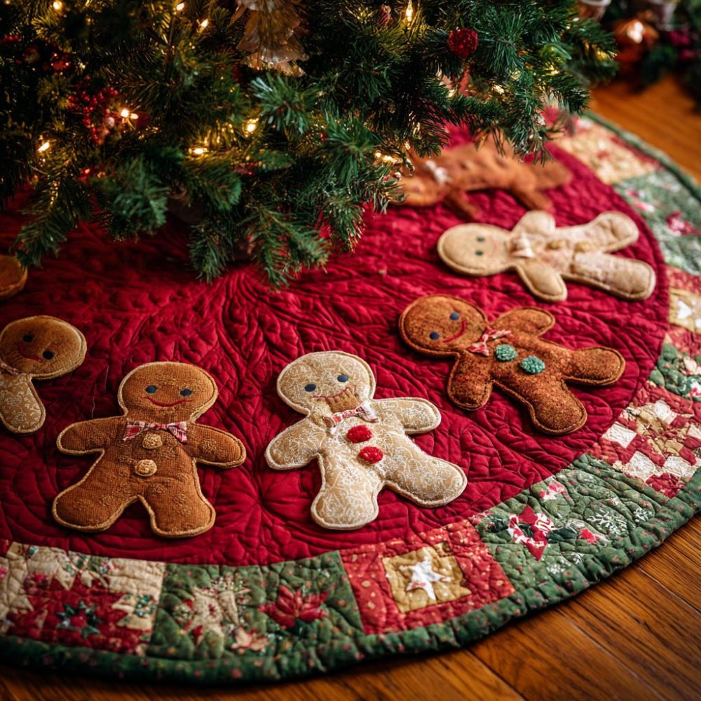 Gingerbread Man Holiday Cheer Tree Skirt — Handmade Festive Christmas Tree Skirt With Cheerful Gingerbread Design, Custom Fit