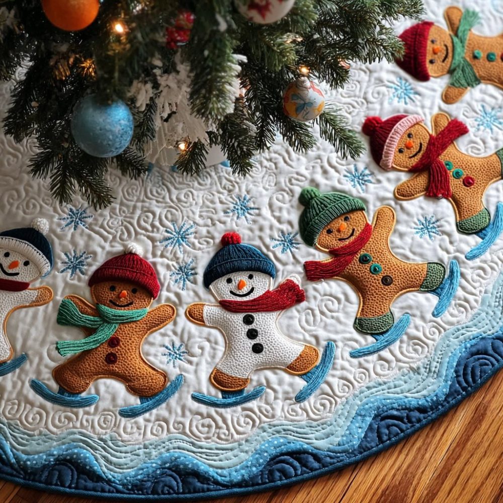 Gingerbread Man Jolly Frost Quilted Tree Skirt — Cozy Handmade Christmas Tree Skirt With Frosty Accents, Custom Sizes Available