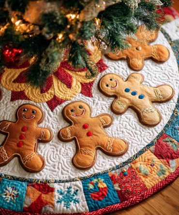 Gingerbread Man Sugar Holiday Tree Skirt — Handmade Cotton & Felt Christmas Tree Skirt With Sweet Gingerbread Accents, Custom Sizes
