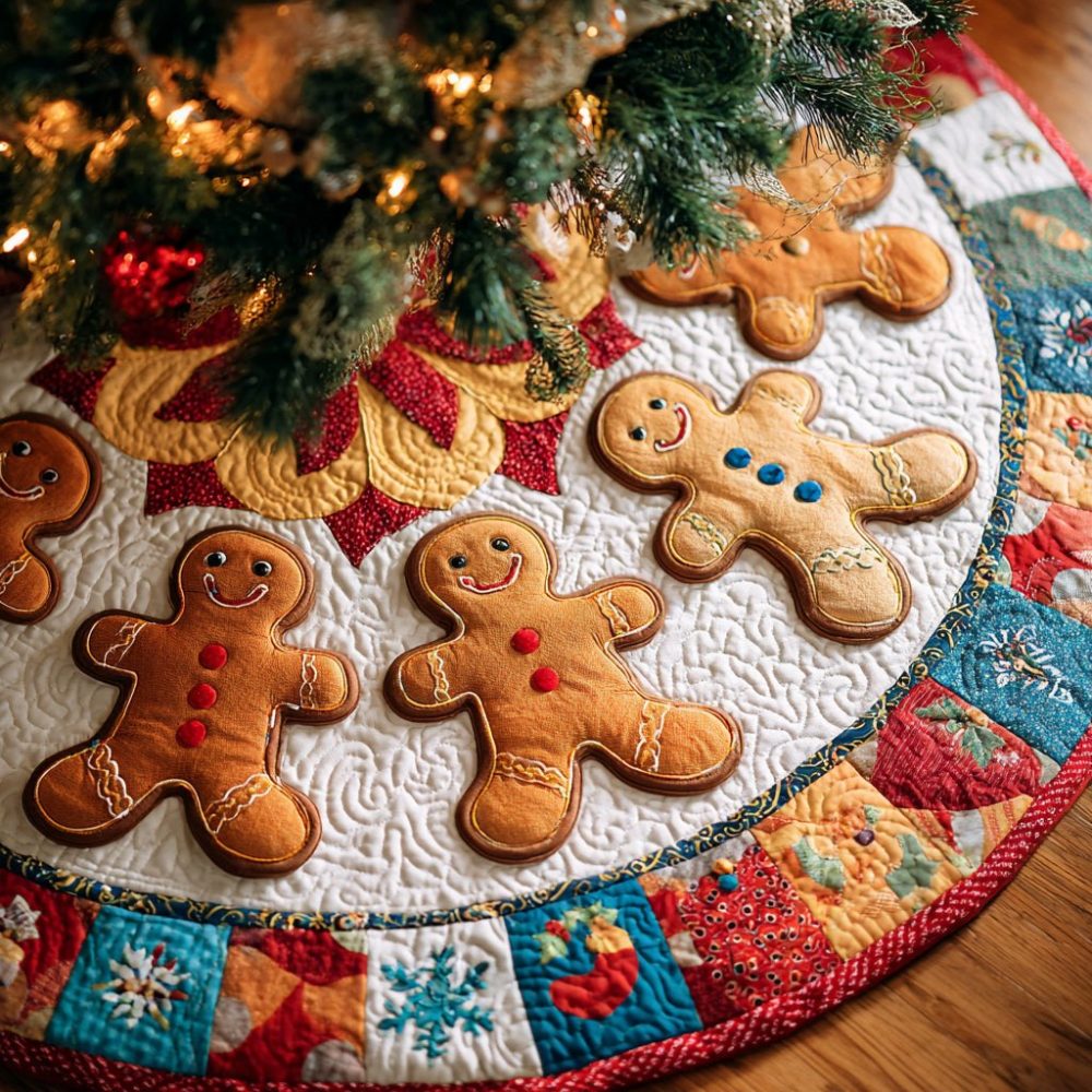 Gingerbread Man Sugar Holiday Tree Skirt — Handmade Cotton & Felt Christmas Tree Skirt With Sweet Gingerbread Accents, Custom Sizes