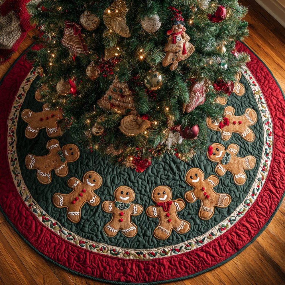 Gingerbread Man Tinsel Toss Tree Skirt — Festive Handmade Christmas Tree Skirt With Sparkling Trim And Custom Fit Options