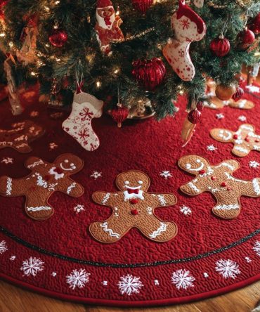 Gingerbread Man Winter Glide Christmas Tree Skirt — Handcrafted Festive Skirt With Playful Gingerbread Characters, Custom Options