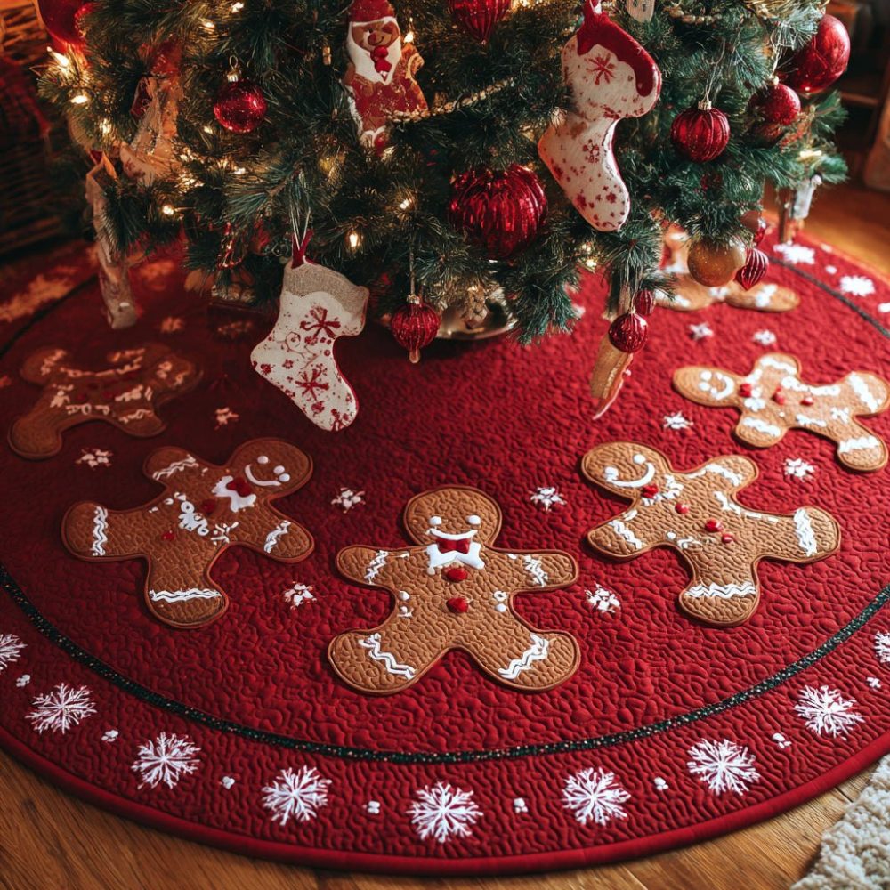 Gingerbread Man Winter Glide Christmas Tree Skirt — Handcrafted Festive Skirt With Playful Gingerbread Characters, Custom Options