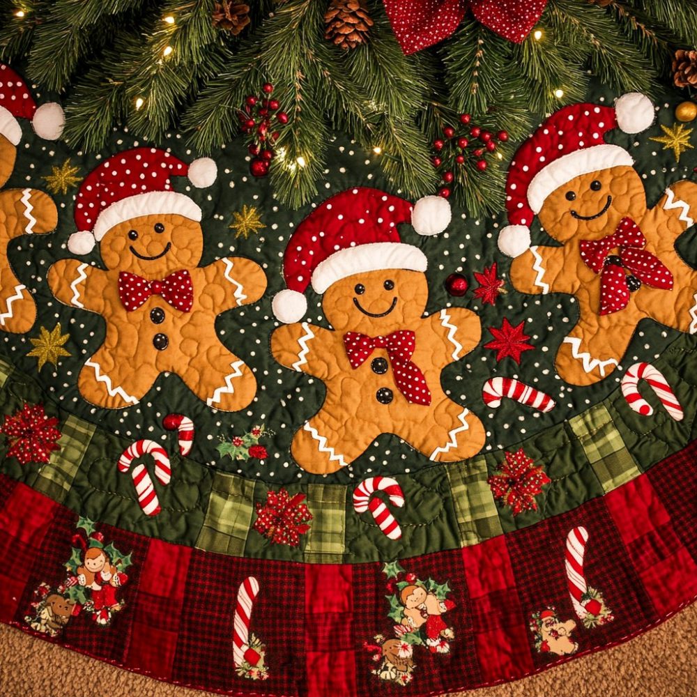 Gingerbread Village Delight Quilted Tree Skirt — Handmade Holiday Tree Skirt With Village Scene, Customizable & Durable