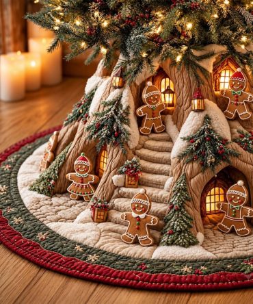 Gingerbread Village Holiday Tree Skirt — Made-To-Order Festive Gingerbread House Scene Skirt With Sweet Seasonal Details & Plush Finish