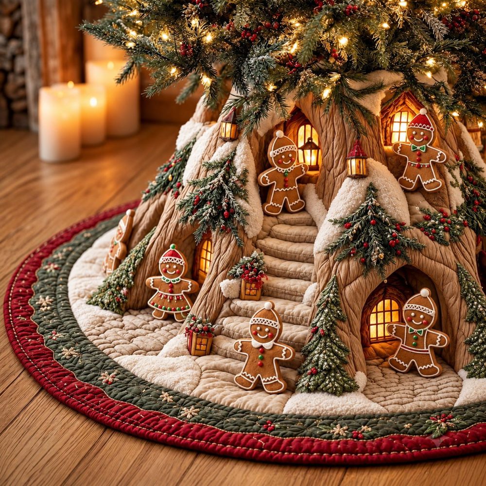 Gingerbread Village Holiday Tree Skirt — Made-To-Order Festive Gingerbread House Scene Skirt With Sweet Seasonal Details & Plush Finish