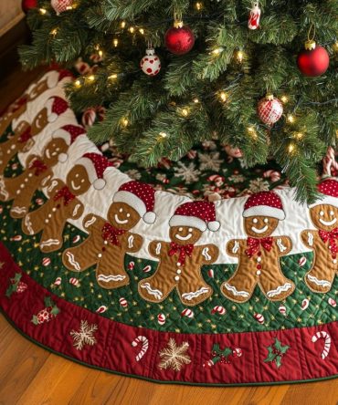 Gingerbread Whimsy Festive Tree Skirt — Handmade Christmas Tree Skirt With Playful Gingerbread Motif And Custom Sizing Options