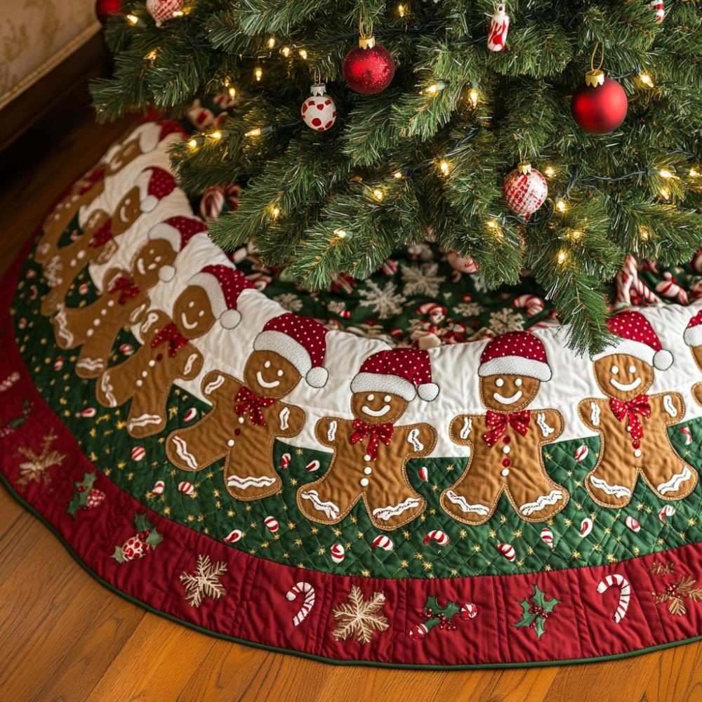 Gingerbread Whimsy Festive Tree Skirt — Handmade Christmas Tree Skirt With Playful Gingerbread Motif And Custom Sizing Options
