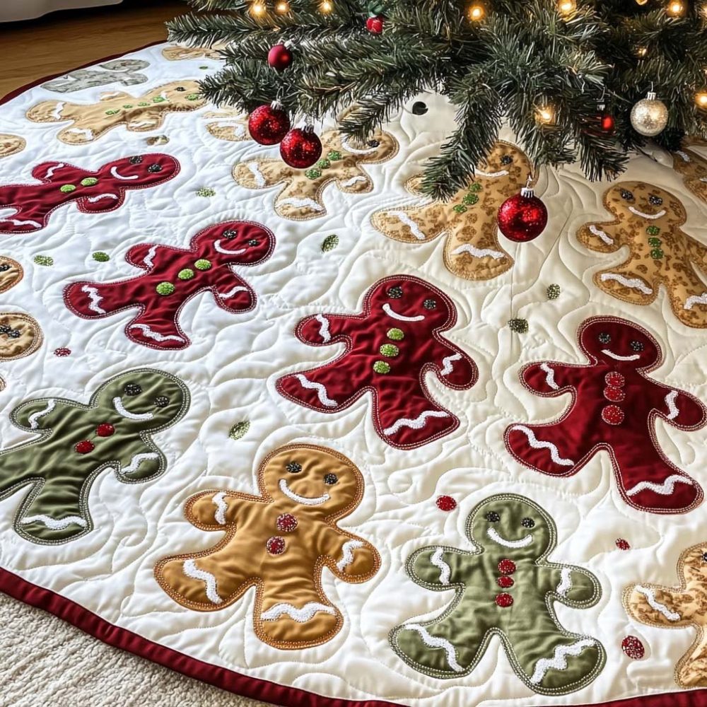 Festive Gingerbread Jamboree Tree Skirt - Custom Made Holiday Mat With Playful Cookie Designs, Soft Felt & Durable Stitching
