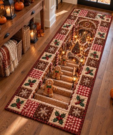 Gingerbread Stairway Runner — Holiday Stair Carpet With Whimsical Cookie Scene, Durable Slip-Resistant Backing For Festive Steps