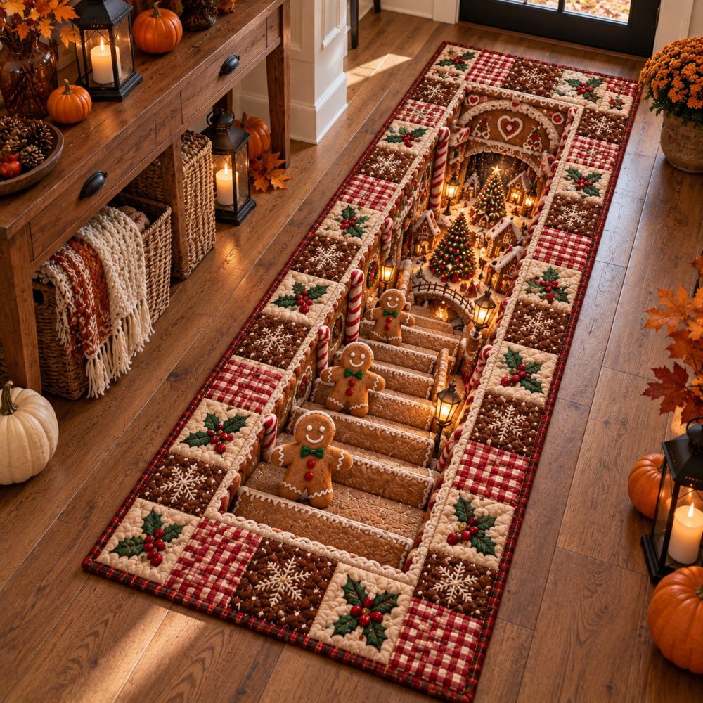 Gingerbread Stairway Runner — Holiday Stair Carpet With Whimsical Cookie Scene, Durable Slip-Resistant Backing For Festive Steps