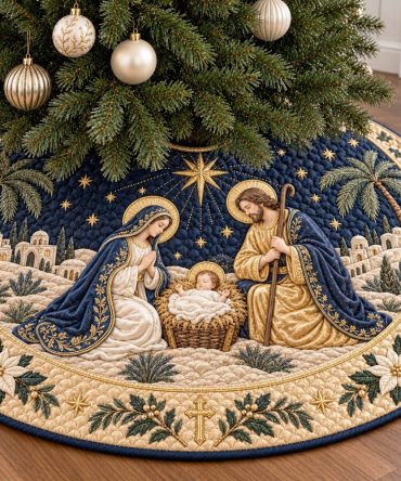Gloria Nativity Christmas Tree Skirt - Made-To-Order Ornate Nativity Skirt With Hand-Embroidered 'Gloria', Gold Accents & Custom Sizing