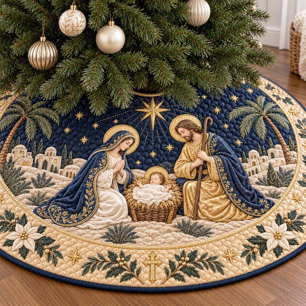 Gloria Nativity Christmas Tree Skirt - Made-To-Order Ornate Nativity Skirt With Hand-Embroidered 'Gloria', Gold Accents & Custom Sizing