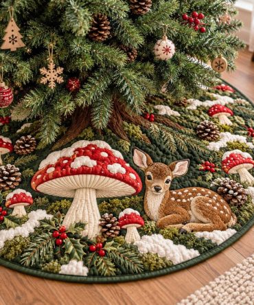 Handmade Glow Deer Christmas Tree Skirt — Luminous Velvet Holiday Skirt, Custom Sizes & Embroidery, Perfect Festive Decor