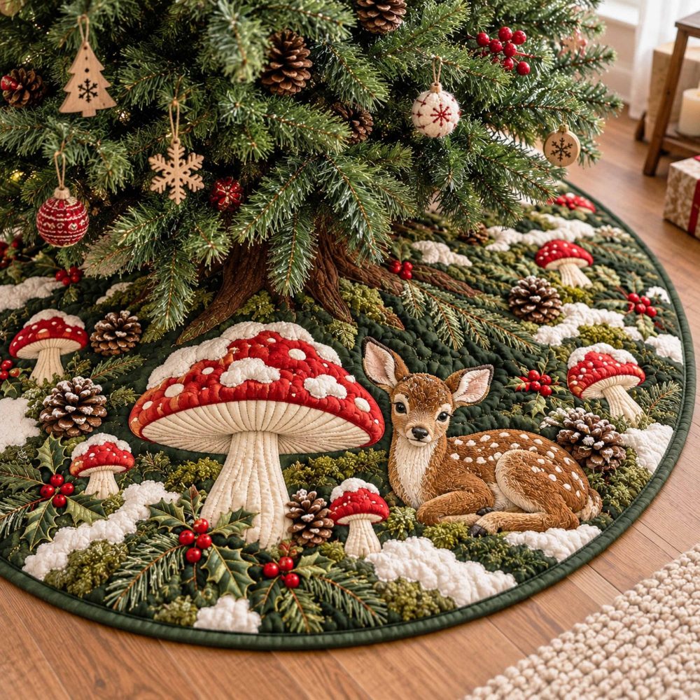 Handmade Glow Deer Christmas Tree Skirt — Luminous Velvet Holiday Skirt, Custom Sizes & Embroidery, Perfect Festive Decor