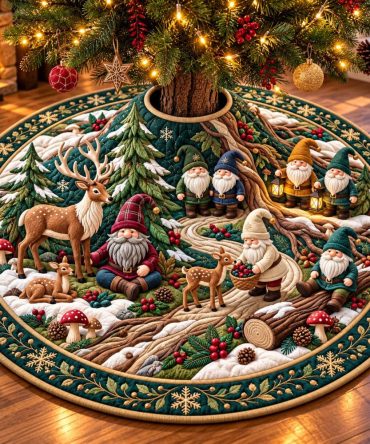 Gnome & Reindeer Forest Tree Skirt — Festive Made-To-Order Christmas Skirt With Playful Gnomes And Reindeer, Family-Friendly Accent