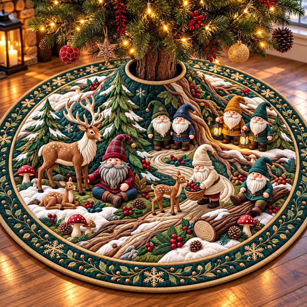 Gnome & Reindeer Forest Tree Skirt — Festive Made-To-Order Christmas Skirt With Playful Gnomes And Reindeer, Family-Friendly Accent
