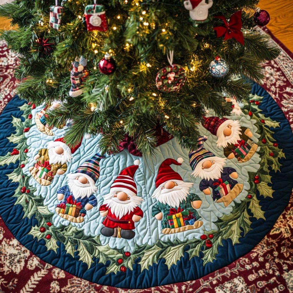 Navy Christmas Tree Skirt With Gnomes & Gift Motifs — Custom-Made Holiday Base, Elegant Deep-Blue Festive Decor