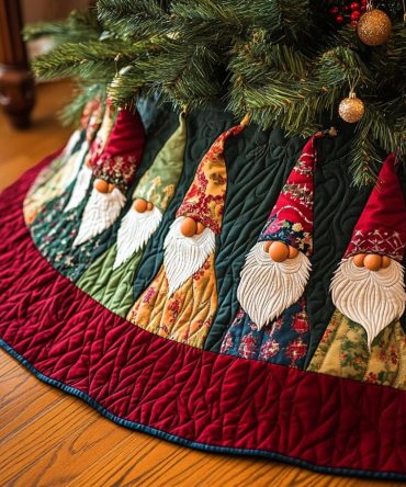 Autumn Wedge Panel Christmas Tree Skirt With Gnomes — Custom Seasonal Skirt, Harvest-Toned Holiday Decor, Made To Order
