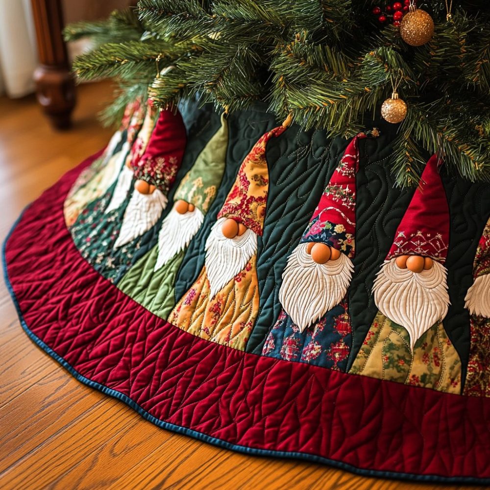 Autumn Wedge Panel Christmas Tree Skirt With Gnomes — Custom Seasonal Skirt, Harvest-Toned Holiday Decor, Made To Order