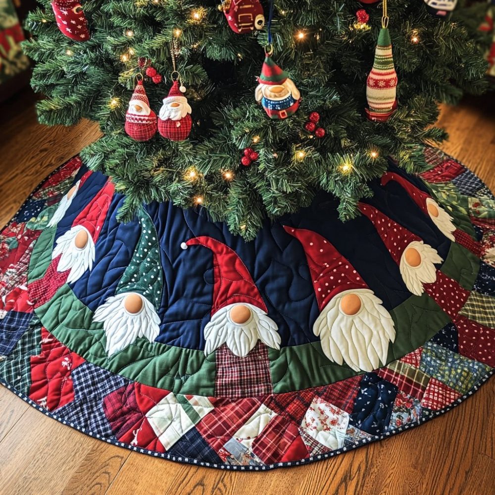 Gnome Christmas Greetings Tree Skirt — Personalized Holiday Tree Collar, Handcrafted Felt, Multiple Sizes & Holiday Gift-Ready Option