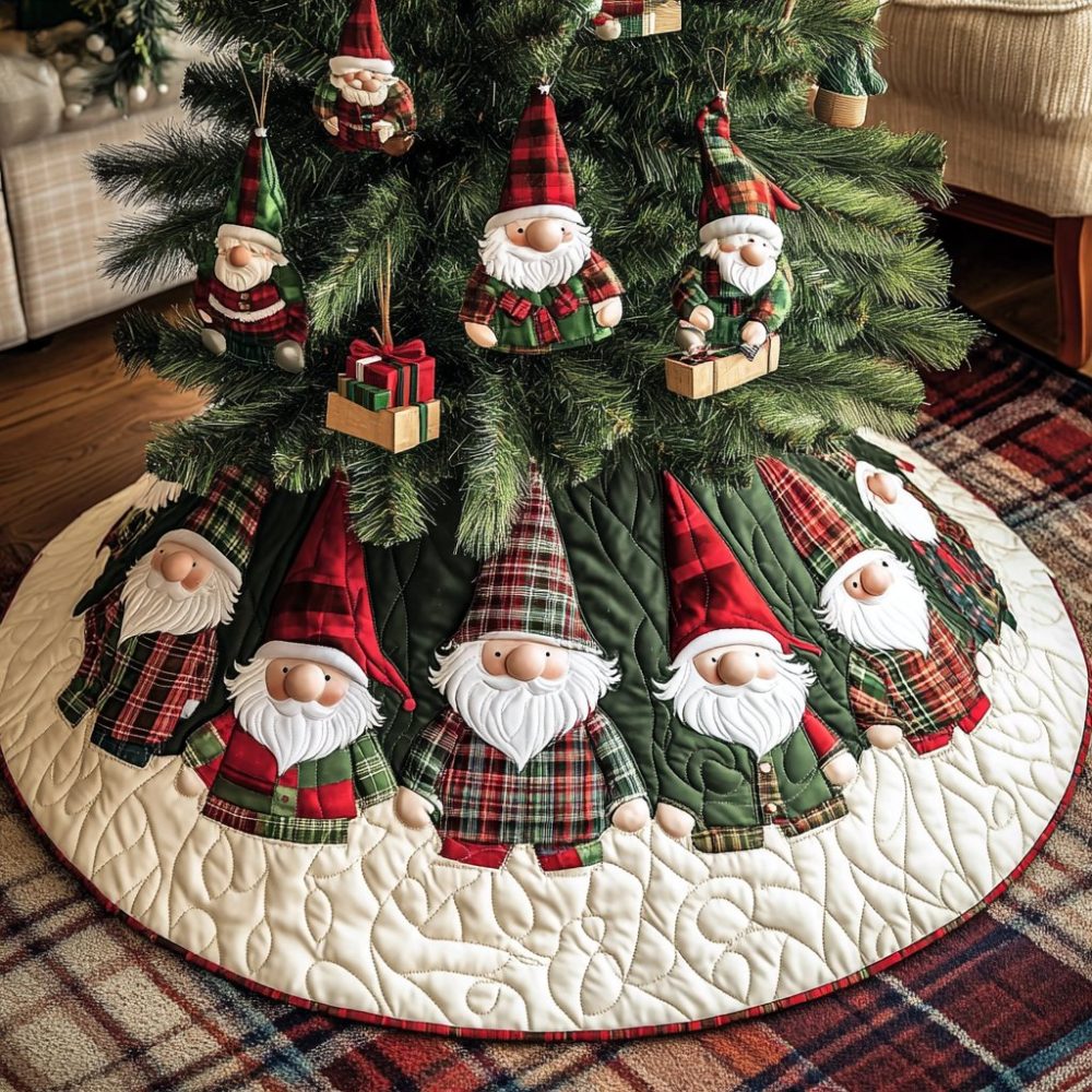 Tartan Wedge Ring Christmas Tree Skirt With Classic Gnomes — Custom Plaid Holiday Skirt, Traditional & Cozy Decor