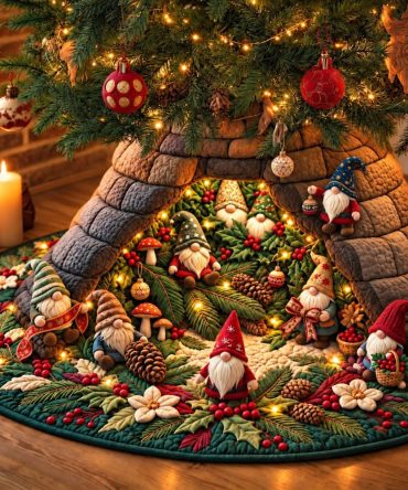 Gnome Christmas Garden Tree Skirt — Whimsical Made-To-Order Holiday Skirt With Cheerful Gnomes, Perfect For Family Traditions