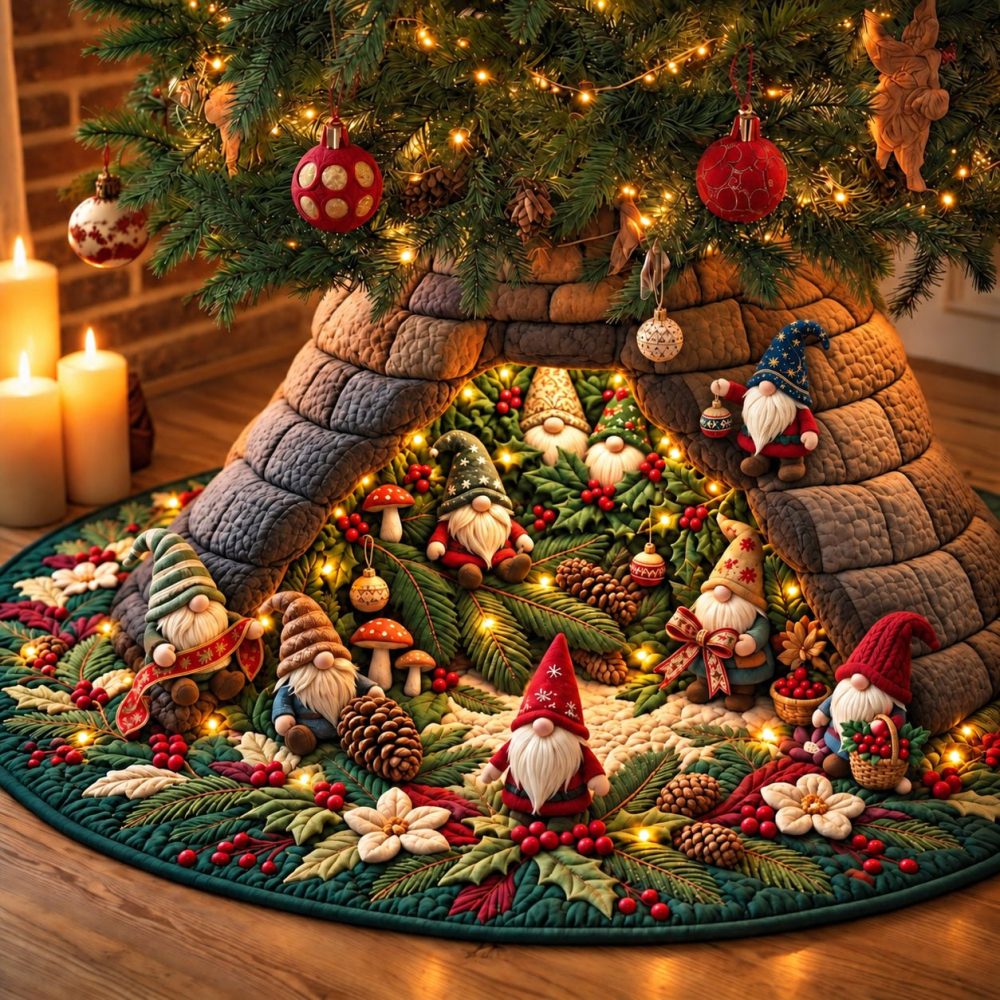 Gnome Christmas Garden Tree Skirt — Whimsical Made-To-Order Holiday Skirt With Cheerful Gnomes, Perfect For Family Traditions