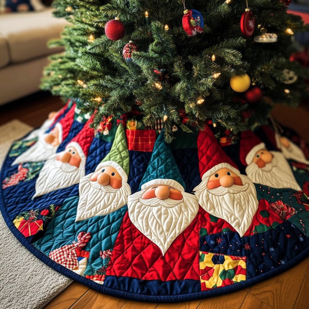 Gnome Circle Holiday Tree Skirt — Round Handmade Christmas Tree Collar, Charming Gnome Motifs, Custom Sizes & Gift Packaging Available