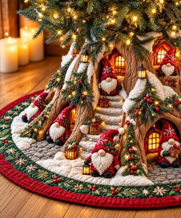Gnome Cottage Christmas Tree Skirt — Handcrafted Made-To-Order Gnome-Themed Holiday Skirt With Cozy Cottage Artwork & Quality Fabric