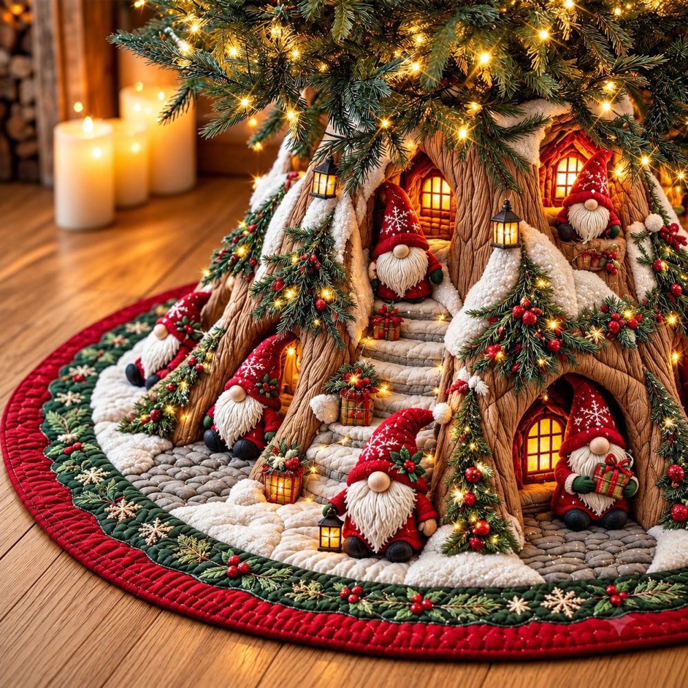Gnome Cottage Christmas Tree Skirt — Handcrafted Made-To-Order Gnome-Themed Holiday Skirt With Cozy Cottage Artwork & Quality Fabric