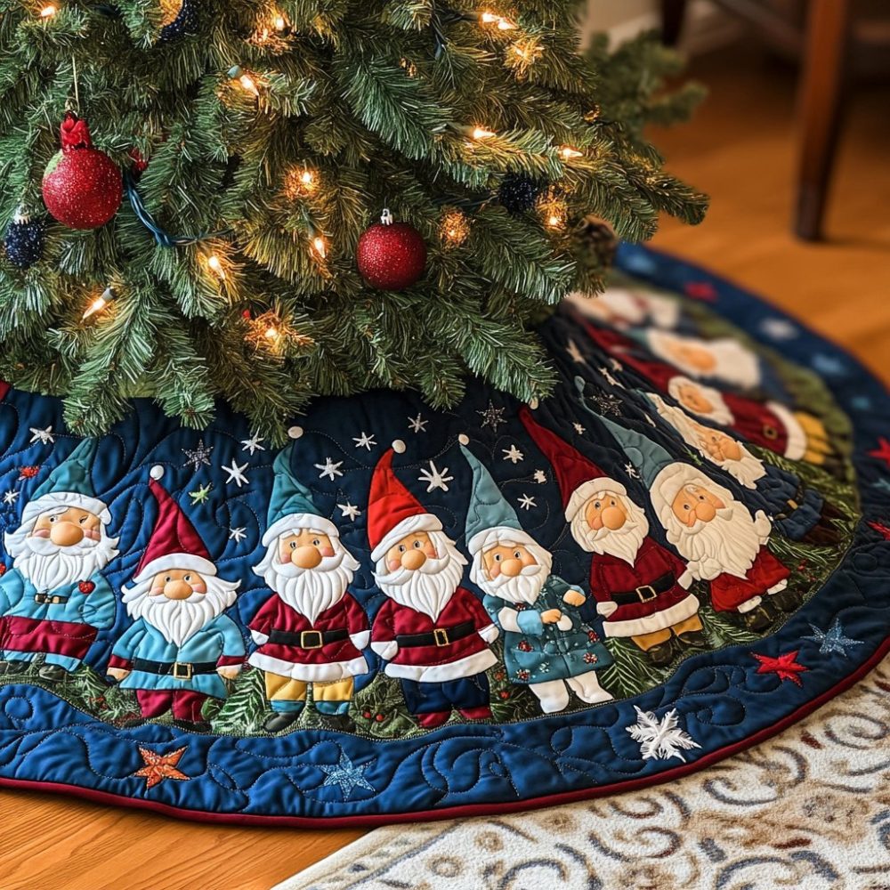 Gnome Ensemble Holiday Tree Skirt — Premium Handmade Christmas Tree Collar, Coordinated Gnome Design, Custom Sizes & Fast Delivery
