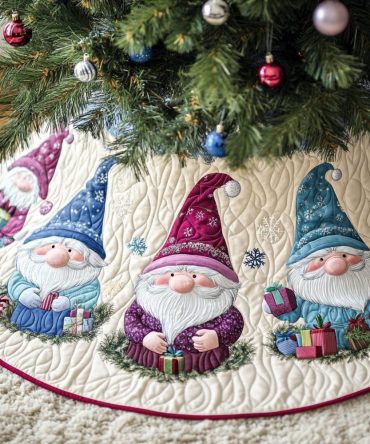 Purple Gnome & Present Christmas Tree Skirt — Custom Handmade Holiday Skreading, Elegant Purple Festive Tree Accent