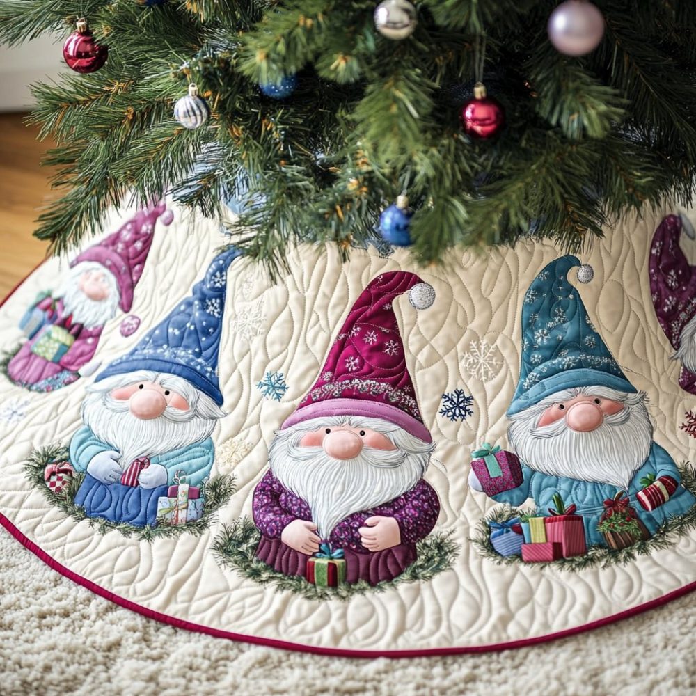 Purple Gnome & Present Christmas Tree Skirt — Custom Handmade Holiday Skreading, Elegant Purple Festive Tree Accent