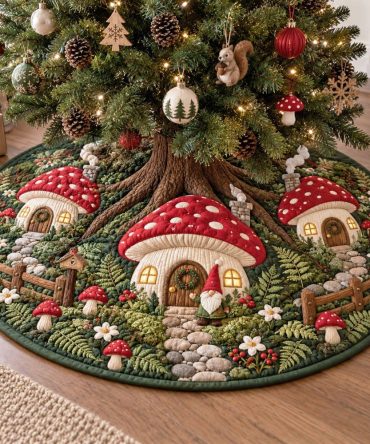 Charming Gnome Forager Holiday Tree Skirt — Handcrafted Rustic Cotton, Personalize Name & Size, Cozy Christmas Accent