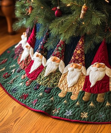 Gnome Gather Christmas Tree Skirt — Heartwarming Gnome Gathering Scene, Handcrafted Holiday Tree Base, Monogram & Size Customization For Family Traditions