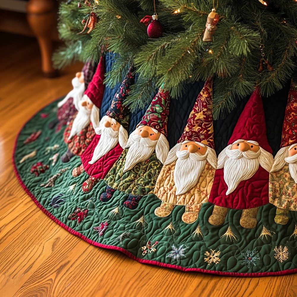 Gnome Gather Christmas Tree Skirt — Heartwarming Gnome Gathering Scene, Handcrafted Holiday Tree Base, Monogram & Size Customization For Family Traditions