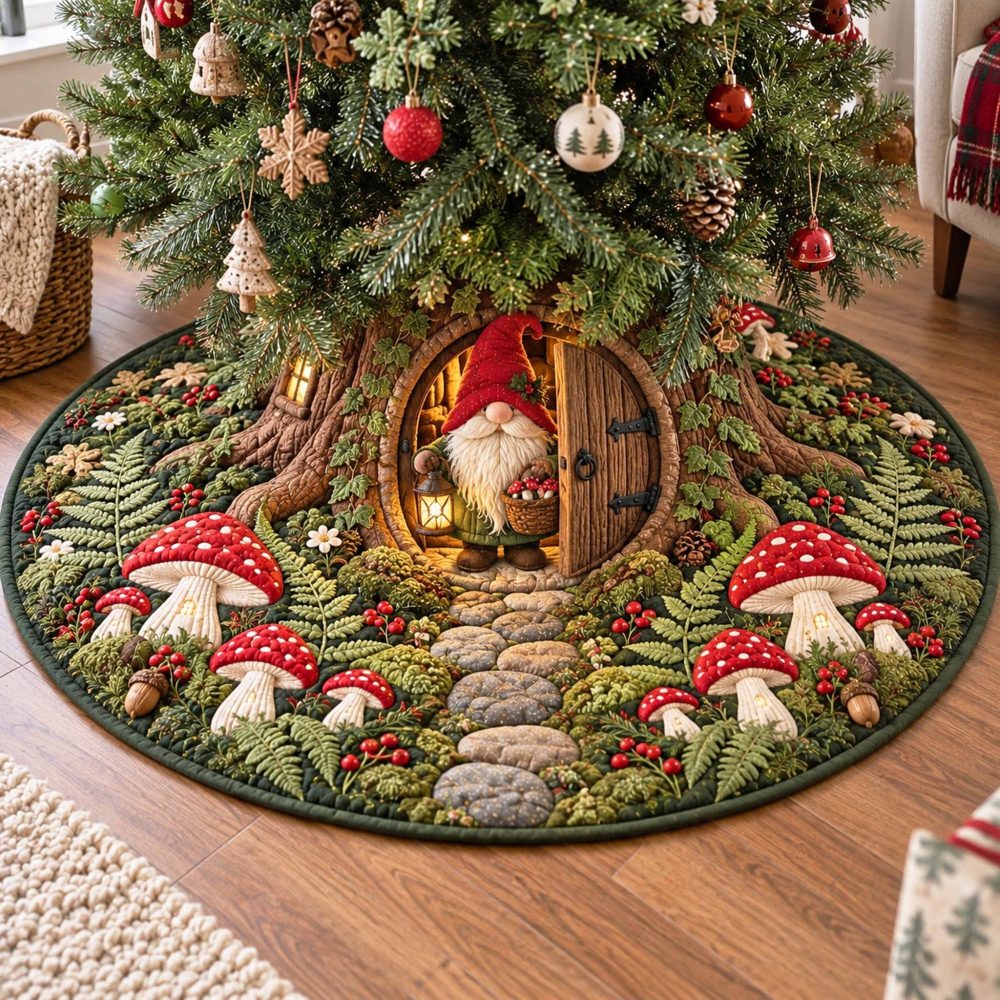 Gnome Glade Christmas Tree Skirt - Made-To-Order Playful Gnome Holiday Skirt With Bright Appliques, Machine-Washable & Customizable