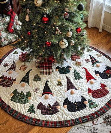 Gnome Holiday Delight Tree Skirt — Deluxe Embroidered Gnome Design With Thick Quilted Backing, Custom Color & Size Options For Stylish Holiday Décor