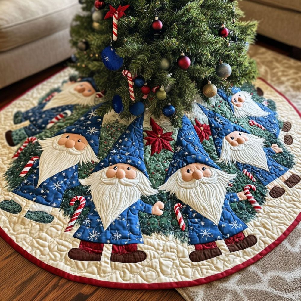 Gnome Holiday Joy Tree Skirt — Bright Cheerful Gnome Scene, Premium Stitching, Personalized Name Option & Multiple Sizes For Festive Centerpieces