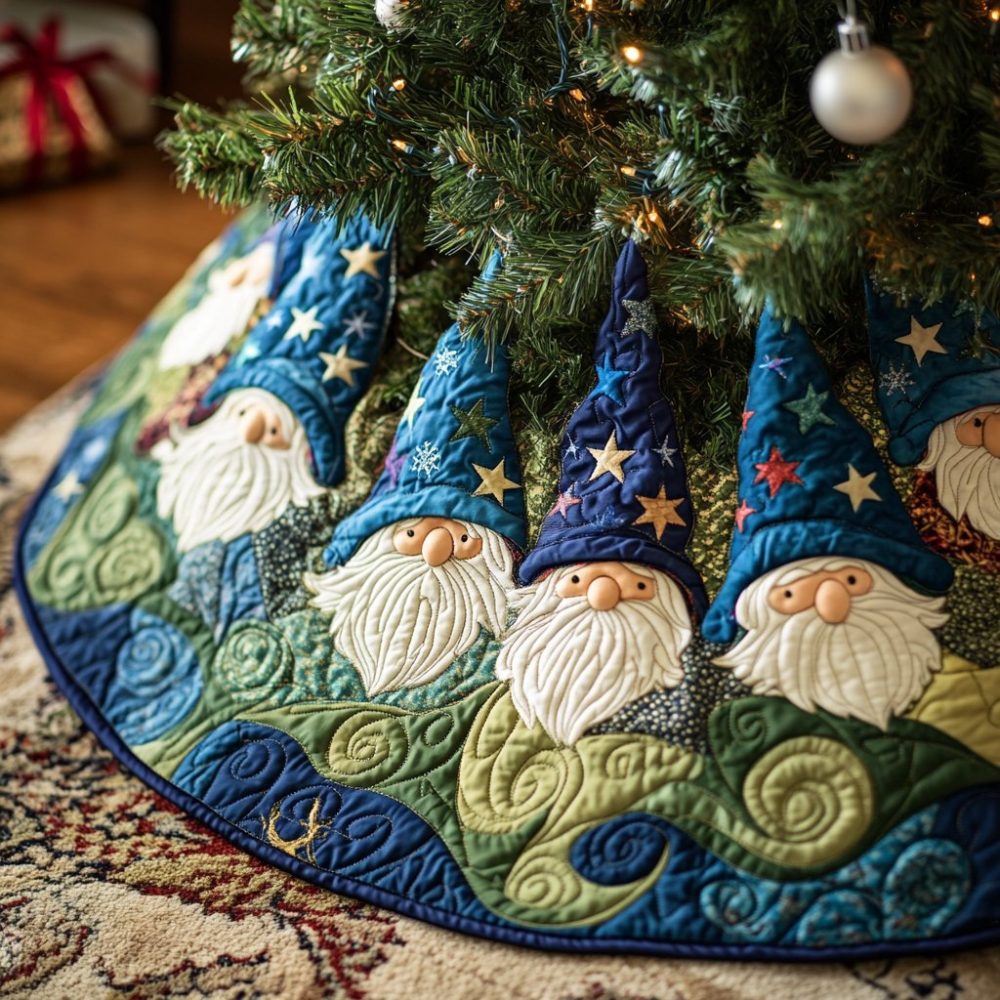 Blue-Green Wedge Christmas Tree Skirt With Playful Gnomes — Custom-Made Holiday Skirt, Coastal & Rustic Seasonal Decor