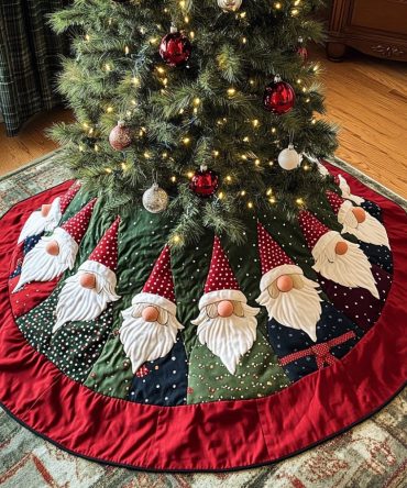 Red Wedge Panel Tree Skirt Featuring Cheerful Gnomes — Made-To-Order Christmas Skirt For Vibrant Holiday Decorating And Gift Giving